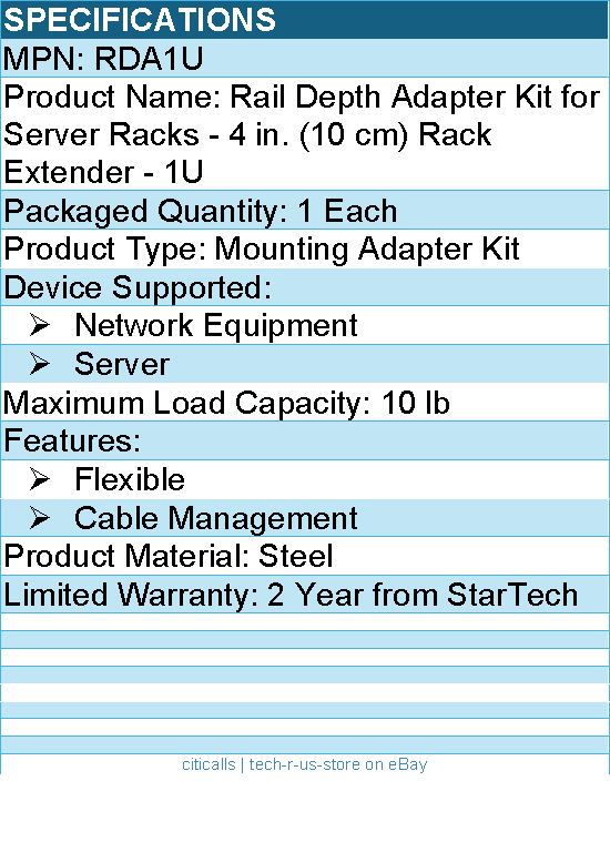 Server Rack Rda1u StarTech RDA1U Rail Depth Adapter Kit for Server Racks - 4 in. Rack Ex ...