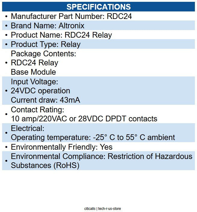 Altronix RDC24 Relay and Base Module, 24VDC, DPDT Contacts @ 10A - 220VAC/28VDC