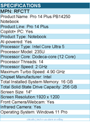 Dell RFCTT Pro 14 Plus PB14250 14" Clamshell Copilot+ PC Notebook - Full HD Plus