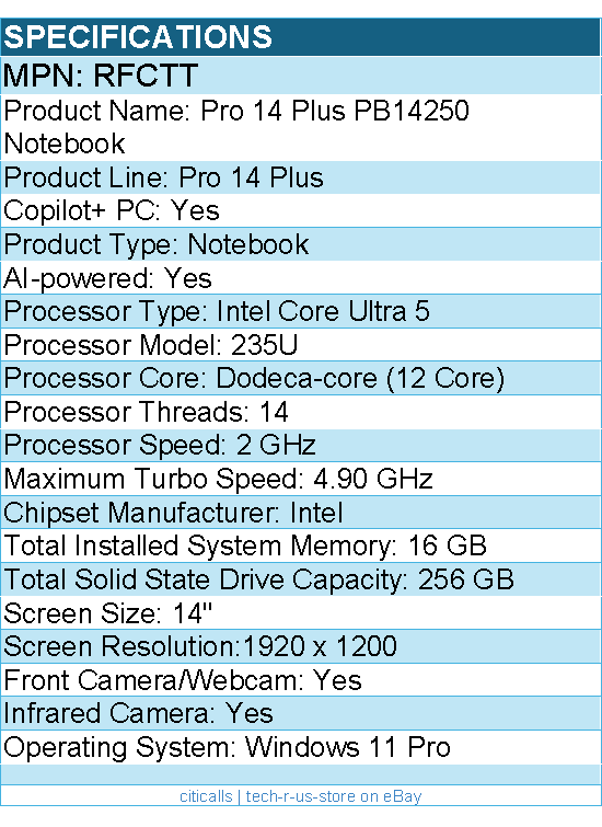 Dell RFCTT Pro 14 Plus PB14250 14" Clamshell Copilot+ PC Notebook - Full HD Plus