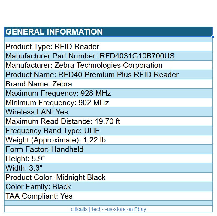 Zebra RFD4031-G10B700-US Premium Plus Handheld RFID Reader UHF Wireless LAN