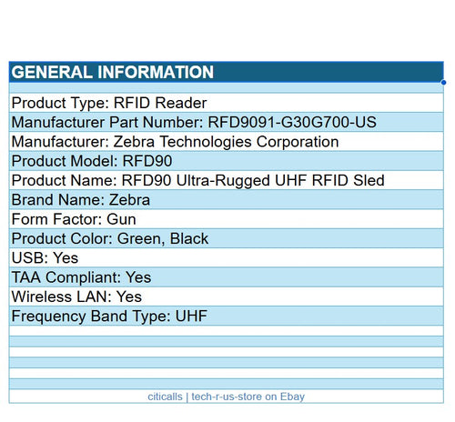 Zebra RFD9091-G30G700-US Rugged UHF RFID SLED Reader Wireless LAN USB Gun