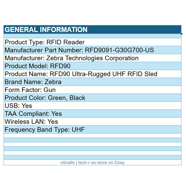 Zebra RFD9091-G30G700-US Rugged UHF RFID SLED Reader Wireless LAN USB Gun