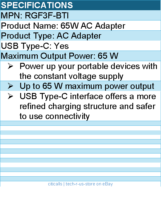 BTI RGF3F-BTI 65W TYPE-C AC ADAPTER - Up to 65 W maximum power output
