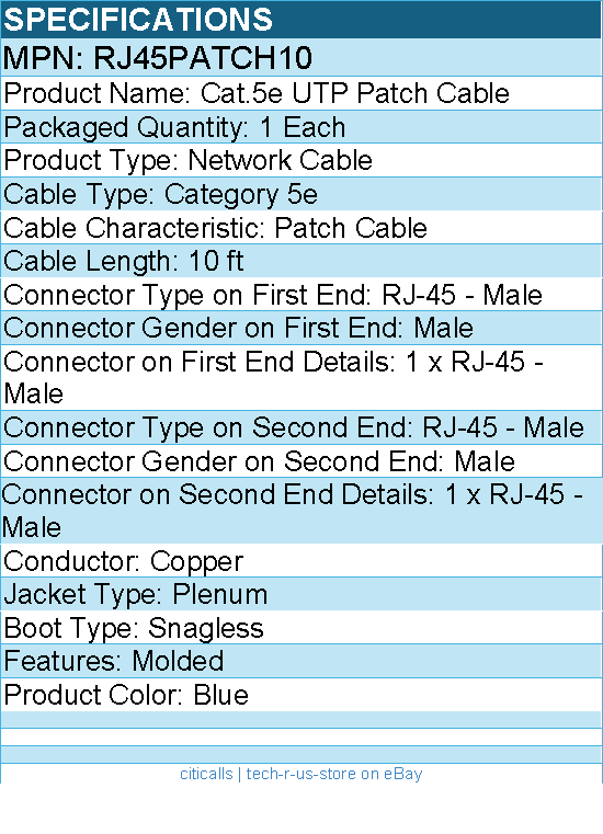 StarTech RJ45PATCH10 10 ft Blue Snagless Cat5e UTP Patch Cable