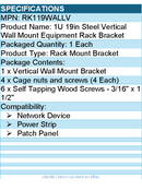 StarTech RK119WALLV 1U 19" Steel Vertical Wall Mount Equipment Rack Bracket