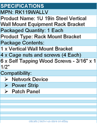 StarTech RK119WALLV 1U 19" Steel Vertical Wall Mount Equipment Rack Bracket
