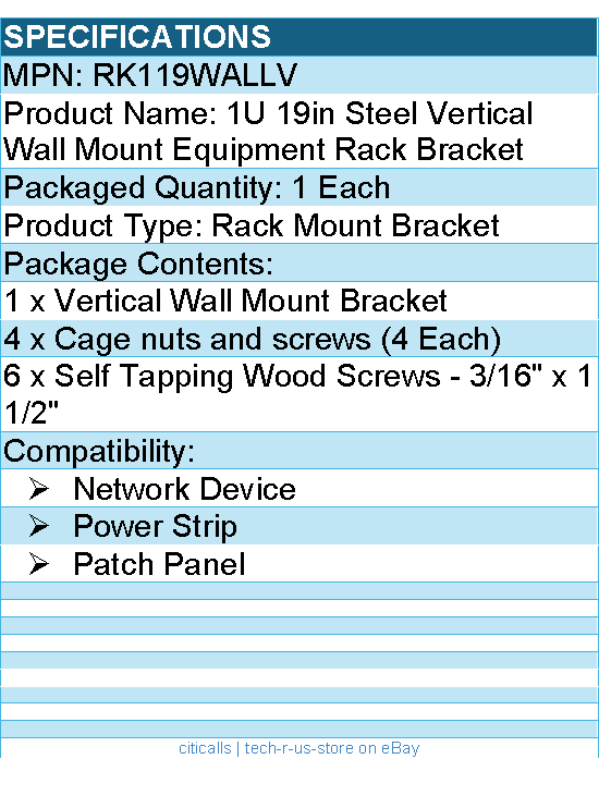 StarTech RK119WALLV 1U 19" Steel Vertical Wall Mount Equipment Rack Bracket