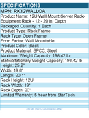 StarTech RK12WALLOA 2-Post 12U Heavy-Duty Wall Mount Network Rack, 19"