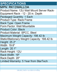 StarTech RK12WALLOA 2-Post 12U Heavy-Duty Wall Mount Network Rack, 19"