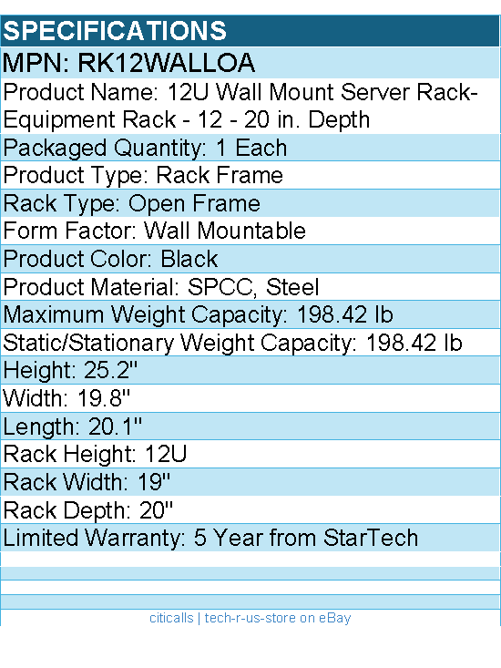 StarTech RK12WALLOA 2-Post 12U Heavy-Duty Wall Mount Network Rack, 19"