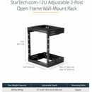 StarTech RK12WALLOA 2-Post 12U Heavy-Duty Wall Mount Network Rack, 19"