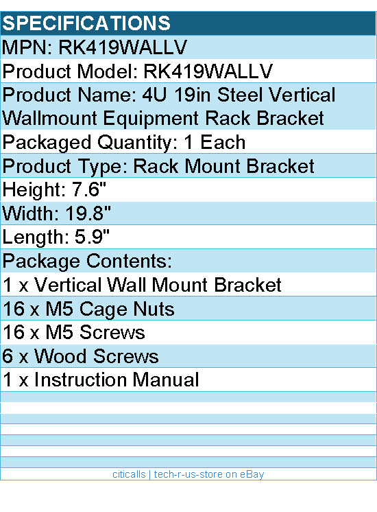 StarTech RK419WALLV 4U 19" Steel Vertical Wallmount Equipment Rack Mount Bracket