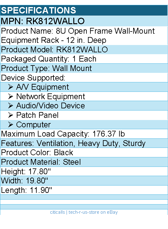 StarTech RK812WALLO 2-Post 8U Heavy-Duty Wall-Mount Network Rack, 19"