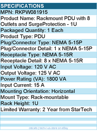 StarTech RKPW081915 Rackmount PDU with 8 Outlets w Surge Protection - 19in PDU