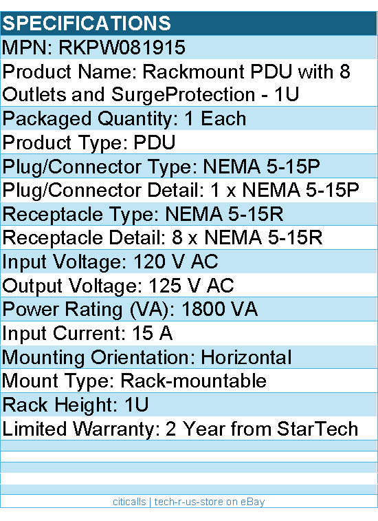 StarTech RKPW081915 Rackmount PDU with 8 Outlets w Surge Protection - 19in PDU