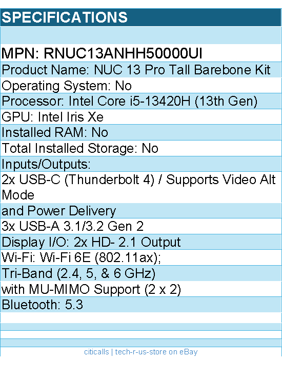 ASUS RNUC13ANHH50000UI NUC 13 Pro Tall Barebone Kit Mini PC with Intel Core i5