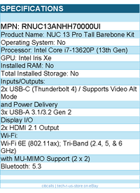 ASUS RNUC13ANHH70000UI NUC 13 Pro Tall Barebone Kit Mini PC with Intel Core i7
