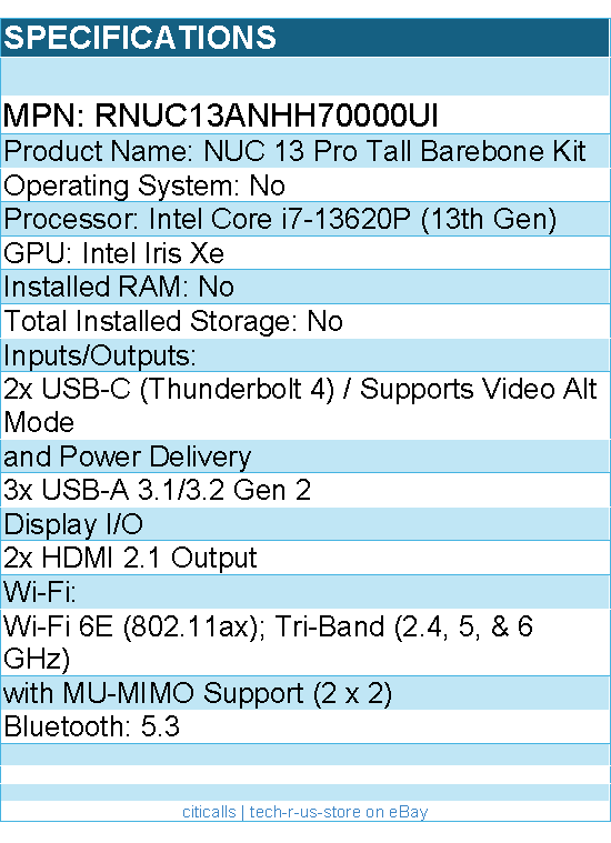 ASUS RNUC13ANHH70000UI NUC 13 Pro Tall Barebone Kit Mini PC with Intel Core i7