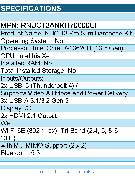 ASUS RNUC13ANKH70000UI NUC 13 Pro Slim Barebone Kit Mini PC with Intel Core i7