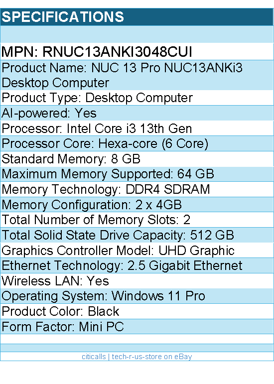 ASUS RNUC13ANKI3048CUI NUC 13 Pro NUC13ANKi3 Desktop Computer - Intel Core i3