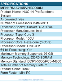 ASUS RNUC14RVHI30000UI NUC 14 Pro Barebone System - Mini PC - Black