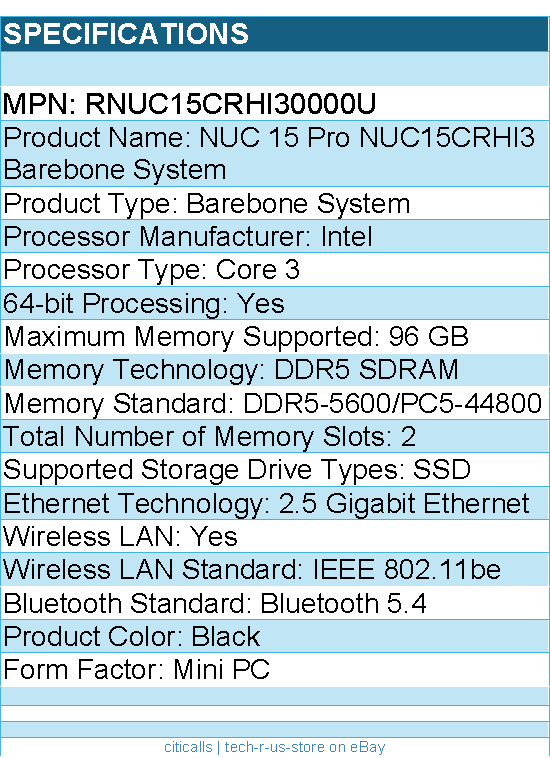 ASUS RNUC15CRHI30000U NUC 15 Pro Barebone System - Mini PC - Intel Core 3