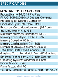 ASUS RNUC15CRSU9089AU NUC 15 Pro Plus Desktop Computer - Intel Core Ultra 9