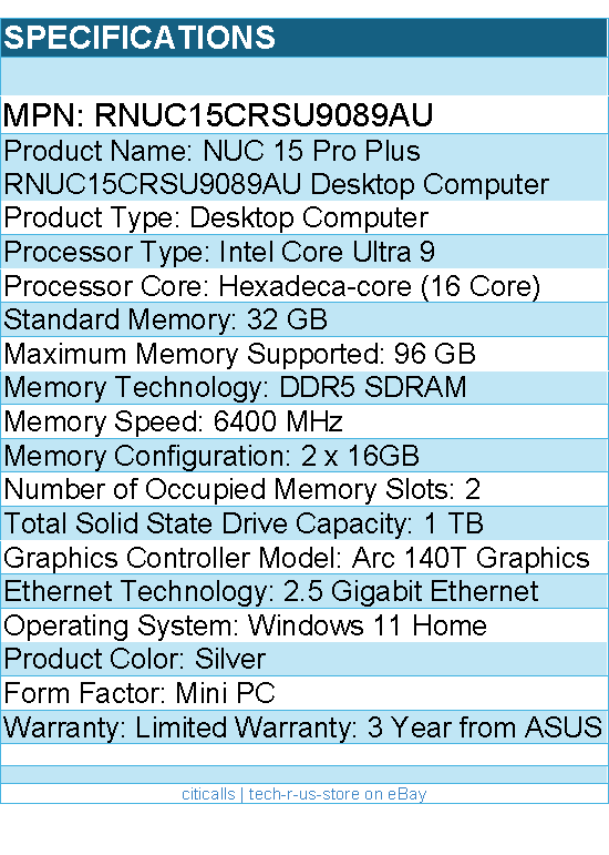 ASUS RNUC15CRSU9089AU NUC 15 Pro Plus Desktop Computer - Intel Core Ultra 9