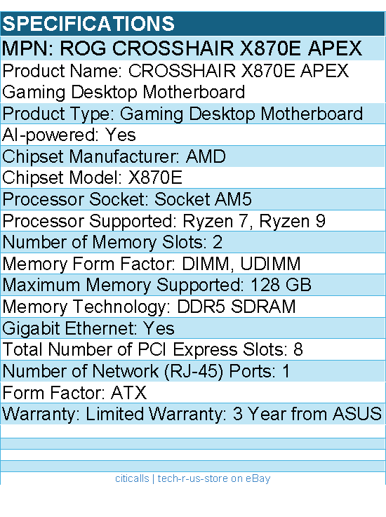 Asus ROG Crosshair X870E Apex Gaming Desktop Motherboard - AMD X870E Chipset