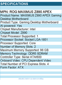 ASUS ROG MAXIMUS Z890 APEX Intel  Z890 LGA 1851 ATX - Gaming Desktop Motherboard