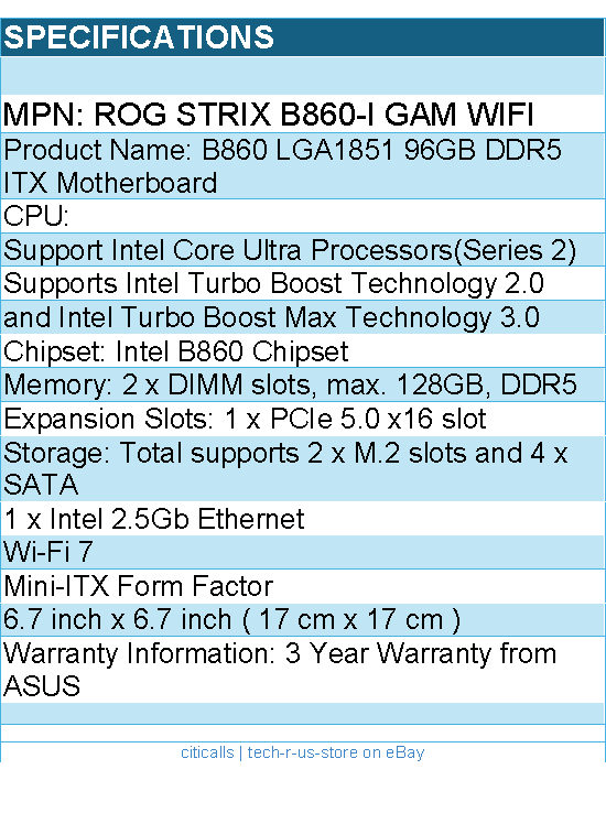 ASUS ROG STRIX B860-I GAM WIFI Motherboard - B860 LGA1851 96GB DDR5 ITX
