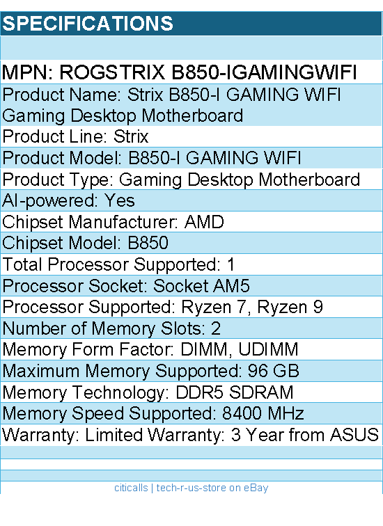 ASUS ROGSTRIX B850-IGAMINGWIFI Gaming Desktop Motherboard - Socket AM5 -Mini ITX