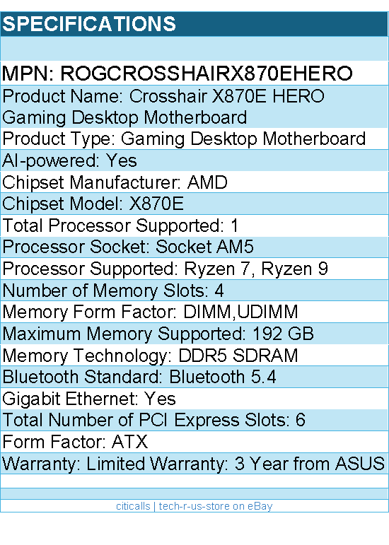 Asus ROGCROSSHAIRX870EHERO ROG Crosshair X870E HERO Gaming Desktop Motherboard
