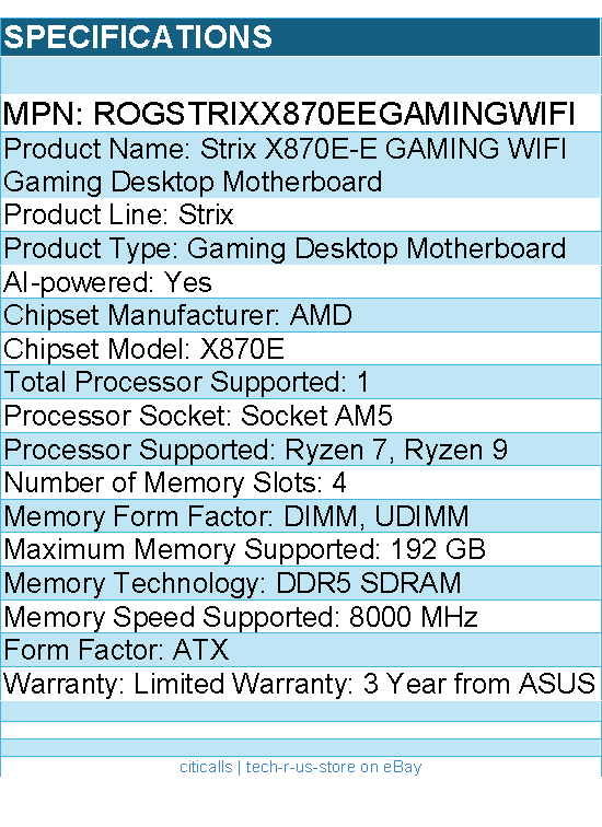 ASUS ROGSTRIXX870EEGAMINGWIFI Gaming Desktop Motherboard - Socket AM5 - ATX