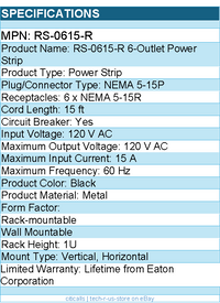 Eaton Tripp Lite Series RS-0615-R 1U Rack-Mount Network Server Power Strip, 120V