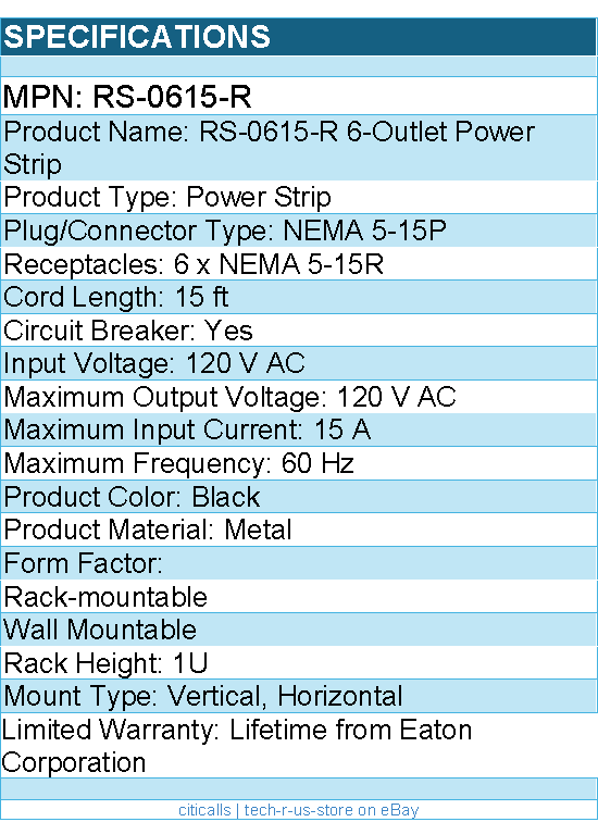 Eaton Tripp Lite Series RS-0615-R 1U Rack-Mount Network Server Power Strip, 120V