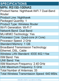 Netgear RS150-100NAS Nighthawk RS150 Wi-Fi 7 -Ethernet,DSL,Cable Wireless Router