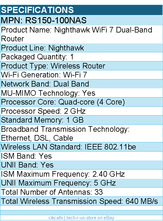 Netgear RS150-100NAS Nighthawk RS150 Wi-Fi 7 -Ethernet,DSL,Cable Wireless Router
