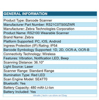 Zebra RS21C0-TS00ZWR RS2100 Wearable BT Wireless Scanner SE4700 1D 2D Laser Imgr