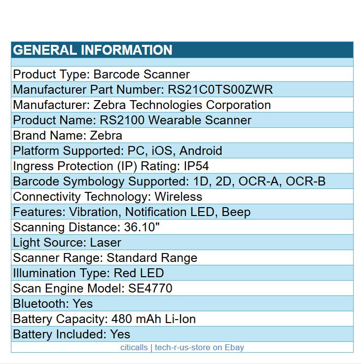 Zebra RS21C0-TS00ZWR RS2100 Wearable BT Wireless Scanner SE4700 1D 2D Laser Imgr