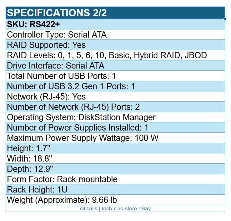 Synology RS422+ RackStation 4 Bays Ryzen R1600 Dual Core SATA RAID GiG-ETH NAS