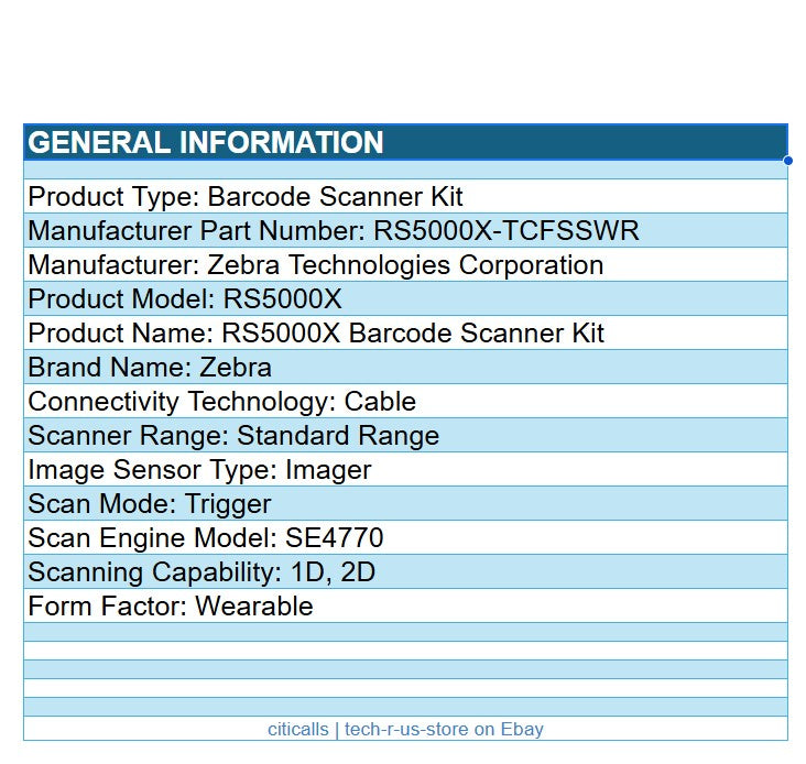 Zebra RS5000X-TCFSSWR Barcode Scanner Wired Kit SE4770Scan Engine 1D 2D Imager