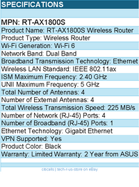 ASUS RT-AX1800S Wi-Fi 6 IEEE 802.11ax Ethernet Wireless Router