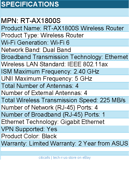 ASUS RT-AX1800S Wi-Fi 6 IEEE 802.11ax Ethernet Wireless Router