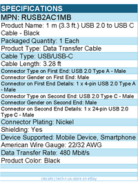 StarTech RUSB2AC1MB 1m USB A to USB C Charging Cable -Durable Fast Charge & Sync