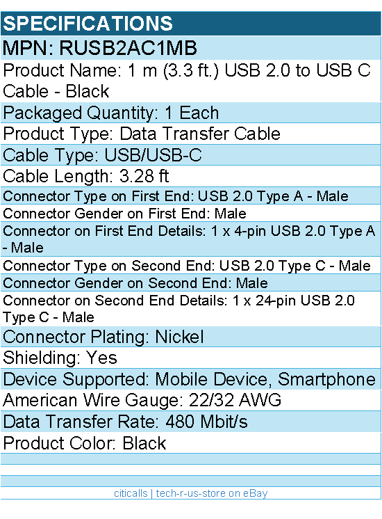StarTech RUSB2AC1MB 1m USB A to USB C Charging Cable -Durable Fast Charge & Sync