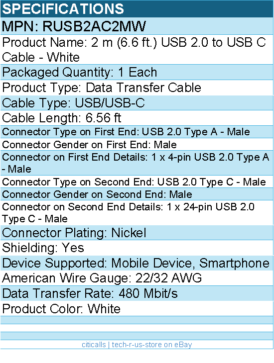 StarTech RUSB2AC2MW 2m USB A to USB C Charging Cable -Durable Fast Charge & Sync