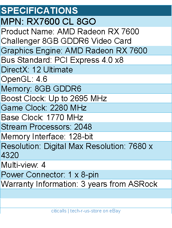 ASRock RX7600 CL 8GO Video Card - AMD Radeon RX 7600 Challenger 8GB OC GDDR6