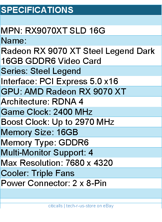 ASRock RX9070XT SLD 16G Radeon RX9070 XT Steel Legend Dark 16GB GDDR6 Video Card